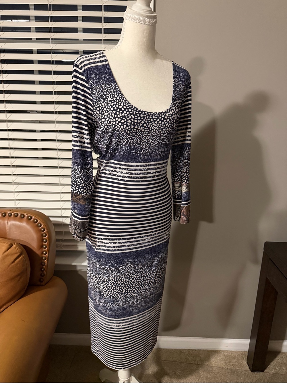 Preen by Thornton Bregazzi Navy and White Mixed-Print Long Sleeve Midi Dress